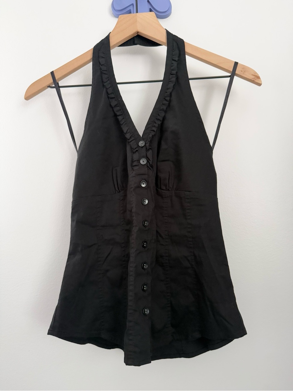 Express XS Y2K Black Halter Top Button Up Front Gothic Office Grunge Open Back
